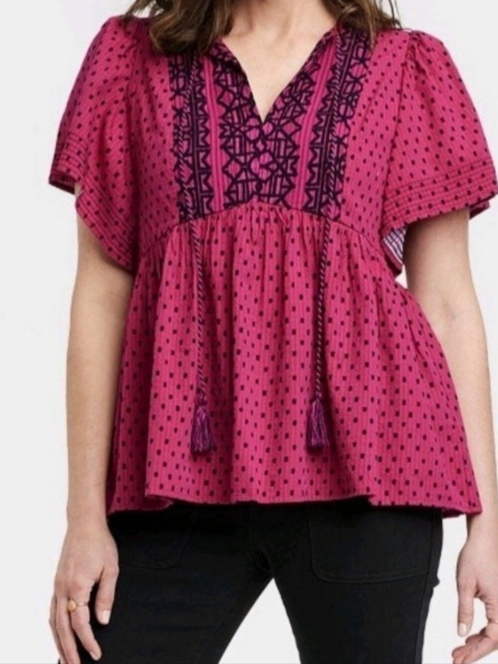 Knox Rose Pink and Black Polka Dot Blouse Tie front Detail Boho Hippie Western L